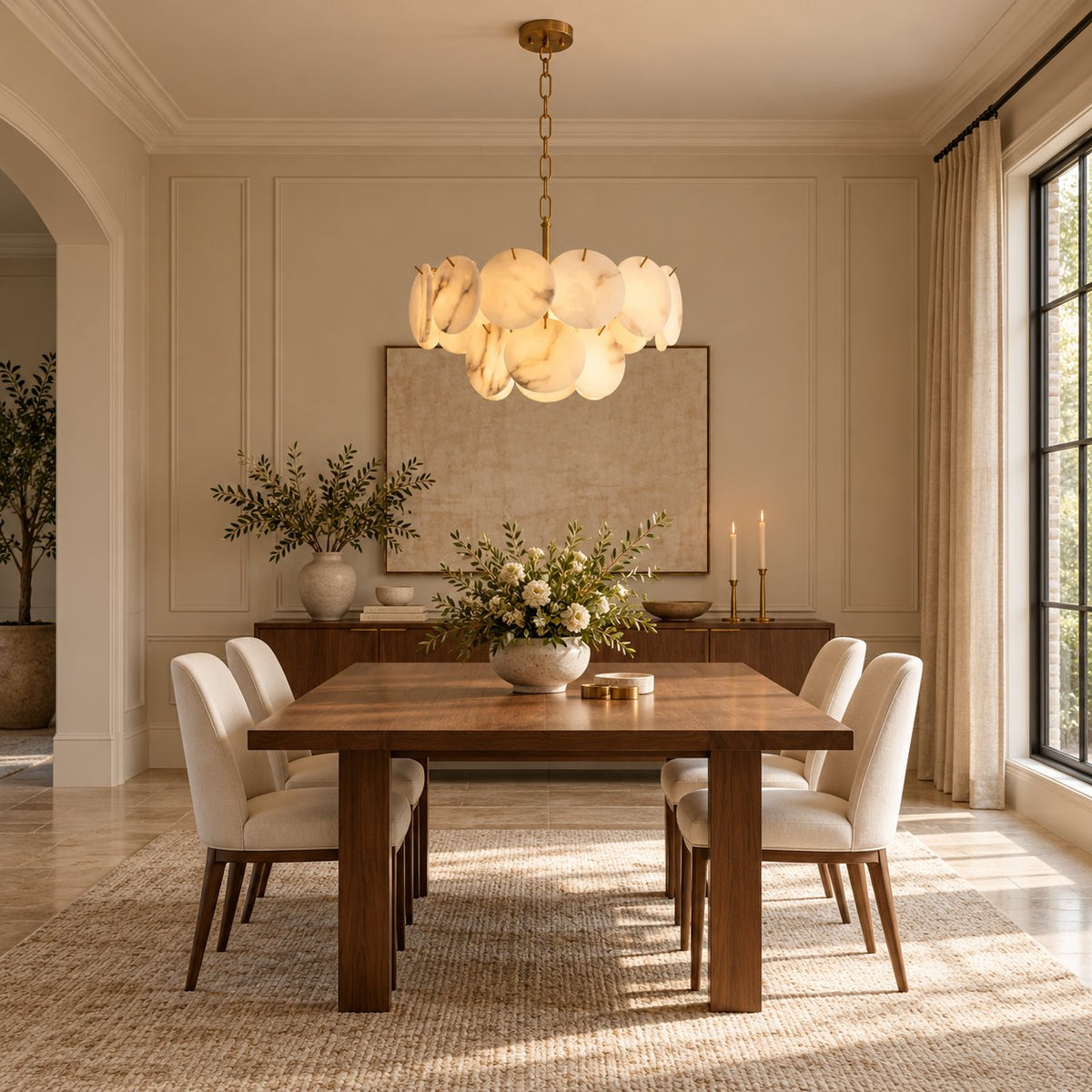 Modern Double-Tier Chandelier Hanging Brass Frame with Alabaster Discs and Adjustable Chain Length