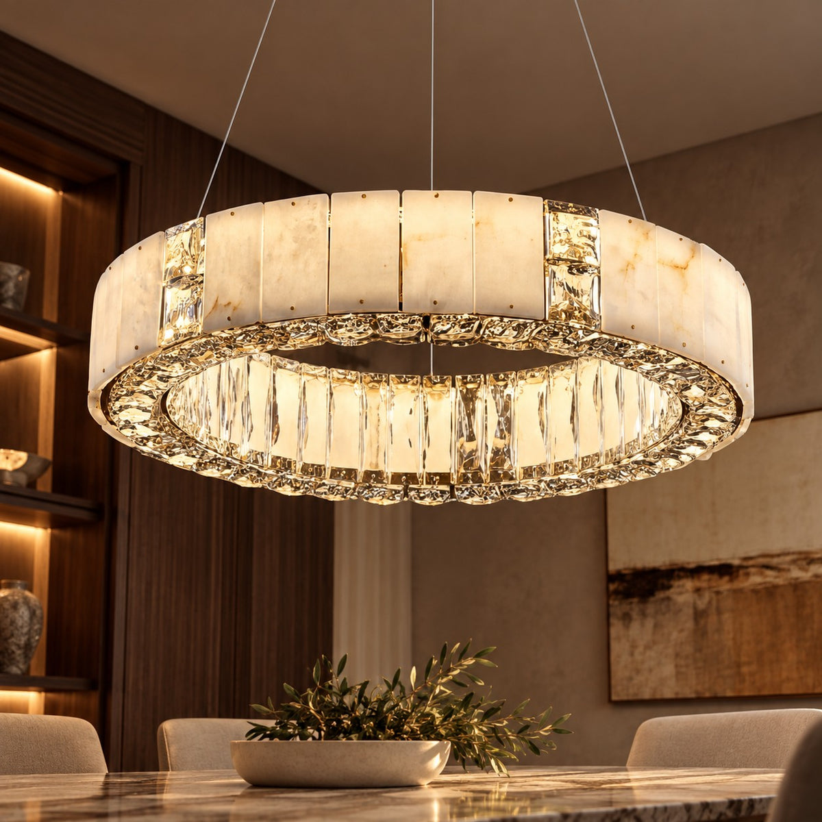 Modern Crystal Chandelier Hanging Light Fixture with Adjustable LED Alabaster Design