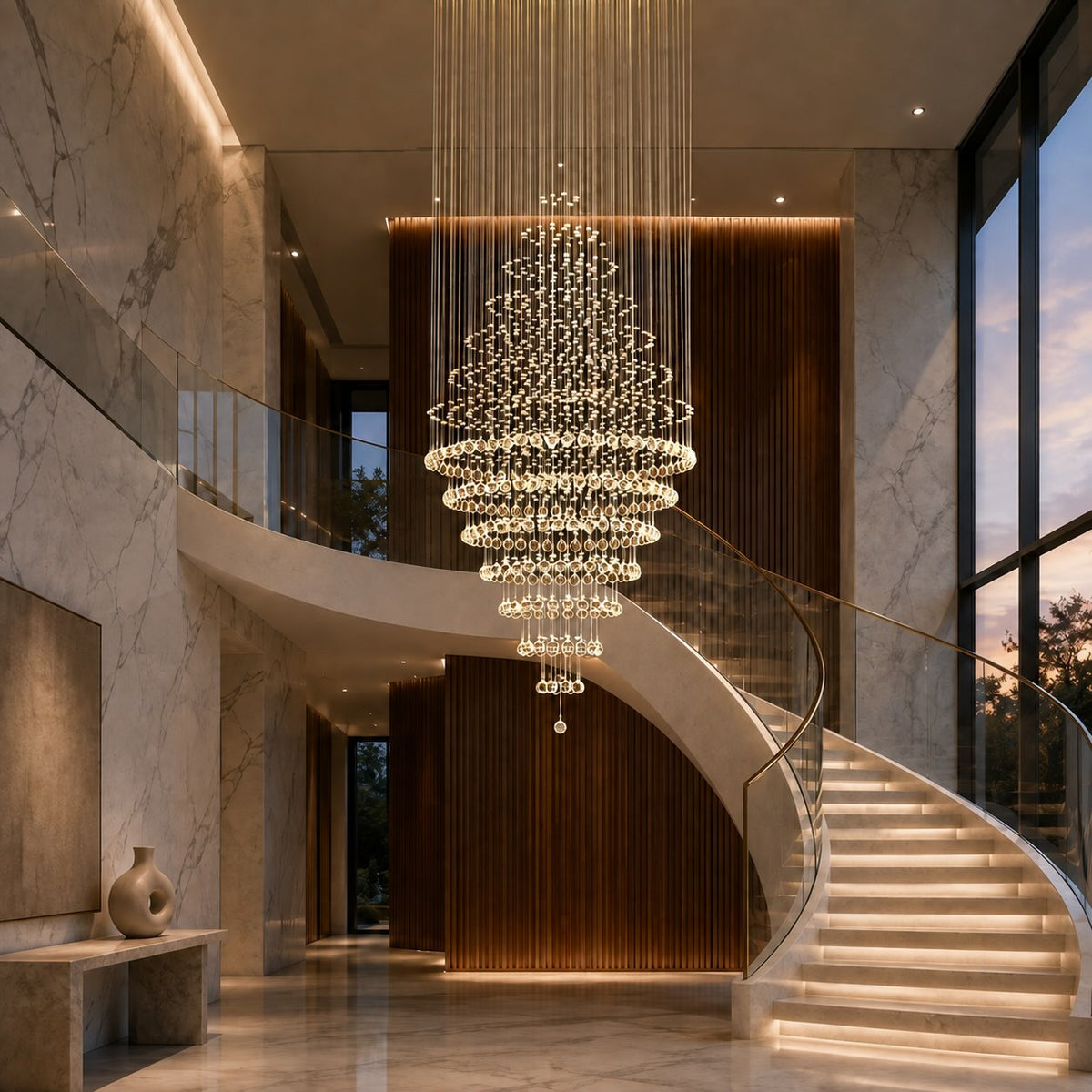 Modern Spiral Chandelier Hanging Fixture Adjustable Chrome Base K9 Crystal LED