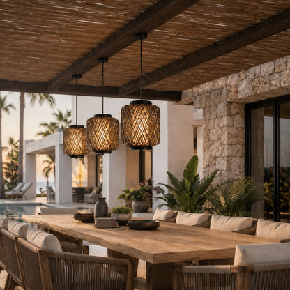 Modern Outdoor Hanging Pendant Light Fixture Rattan Iron Waterproof LED Compatible
