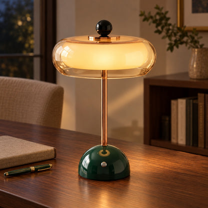 Contemporary Table Lamp Cordless Metal and Fabric Adjustable Brightness for Bedside Use