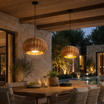 Modern Outdoor Pendant Light Fixture Hanging PE Rattan Waterproof LED Compatible 3000K