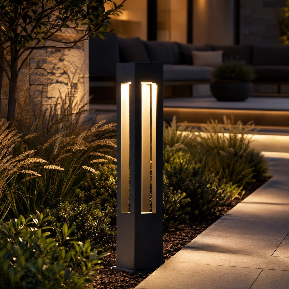 Modern LED Outdoor Bollard Light Adjustable Height Black Aluminum Garden Landscape Lighting