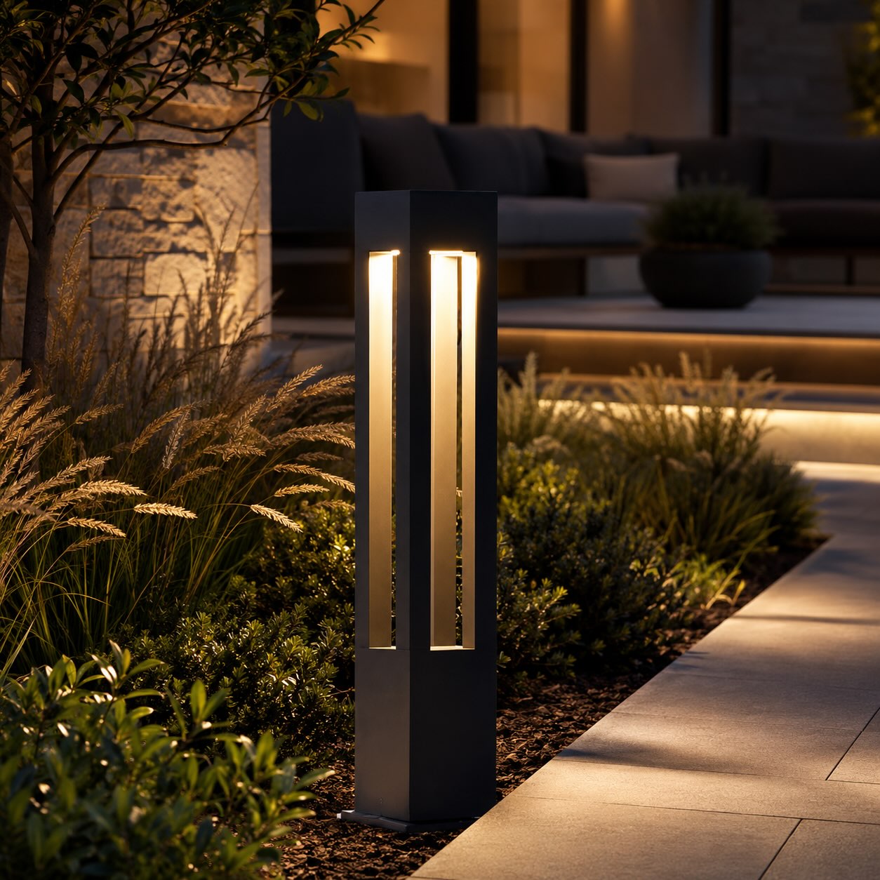 Modern LED Outdoor Bollard Light Adjustable Height Black Aluminum Garden Landscape Lighting