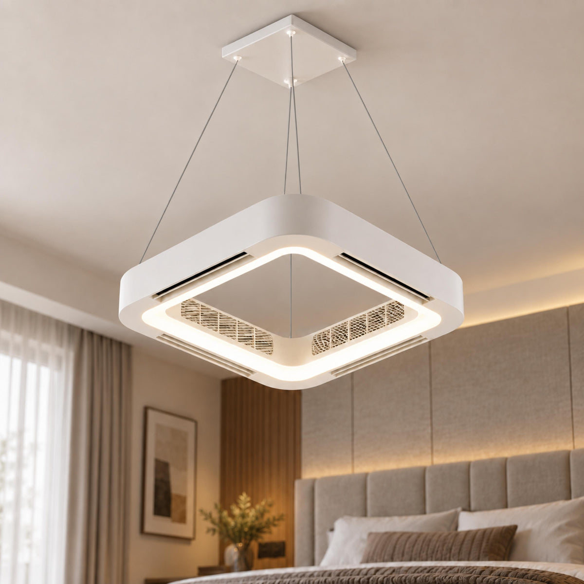 Modern Bladeless Ceiling Fan with Flush Mount Design Metal Body Dimmable LED Light and Remote Control