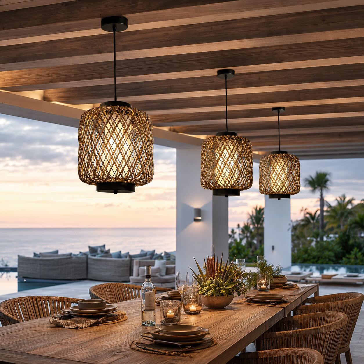 Modern Outdoor Hanging Pendant Light Fixture Rattan Iron Waterproof LED Compatible