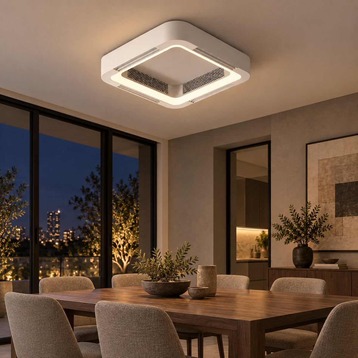 Modern Bladeless Ceiling Fan with Flush Mount Design Metal Body Dimmable LED Light and Remote Control