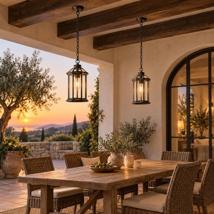 Traditional IP65 Outdoor Pendant Light with Clear Glass – Black Hanging Lantern
