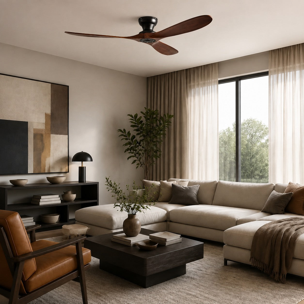 Modern Ceiling Fan with Wood Blades Flush Mount Quiet DC Motor 6-Speed Reversible Airflow