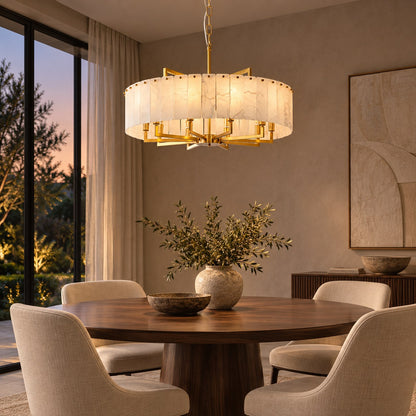 Modern Round Chandelier Adjustable Hanging Brass Alabaster 8 Light Fixture for Dining Room