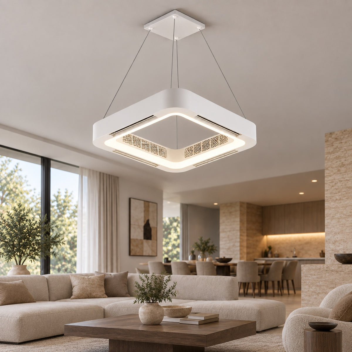 Modern Bladeless Ceiling Fan with Flush Mount Design Metal Body Dimmable LED Light and Remote Control