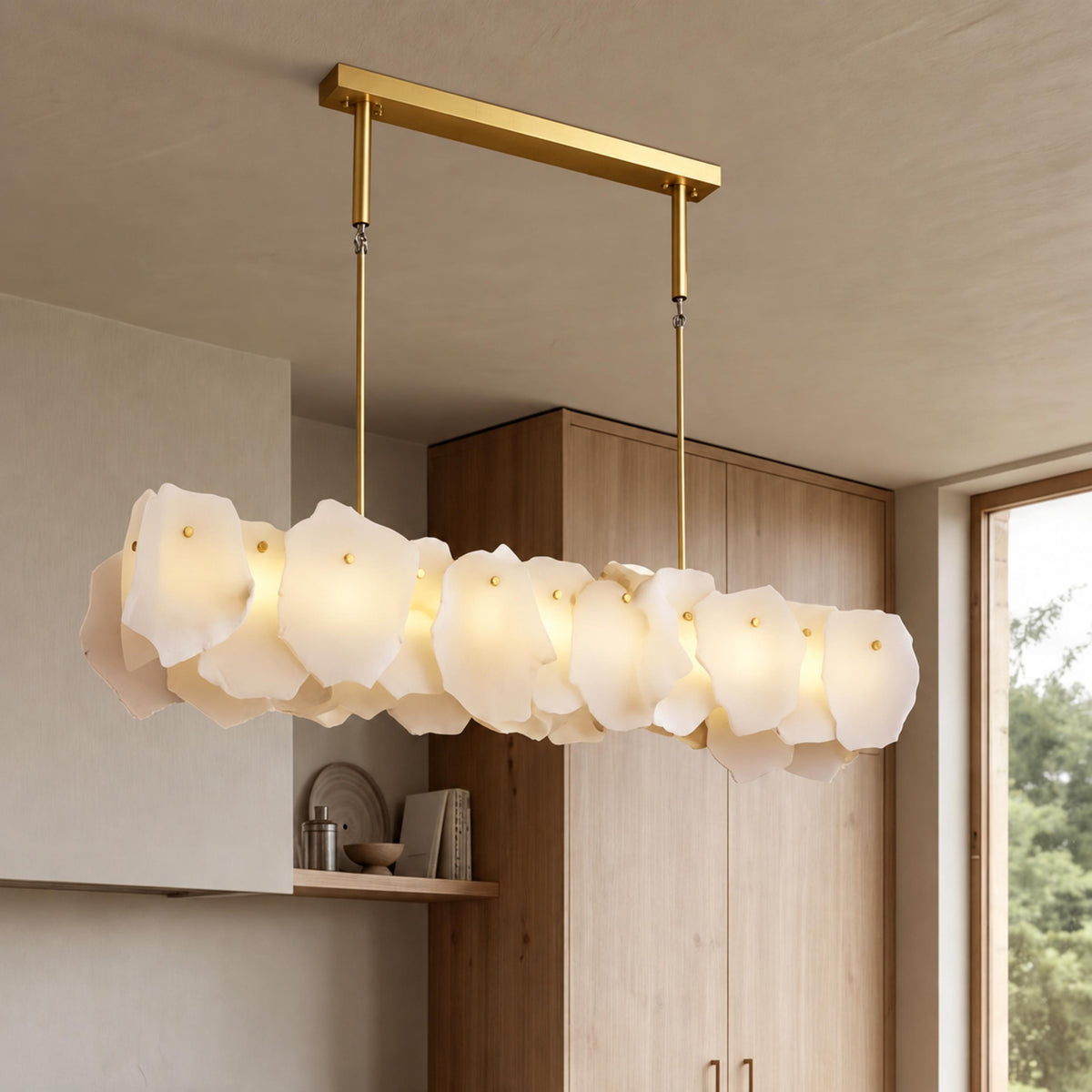 Modern Linear Chandelier Hanging Alabaster Shades Gold Suspension LED Light Fixture