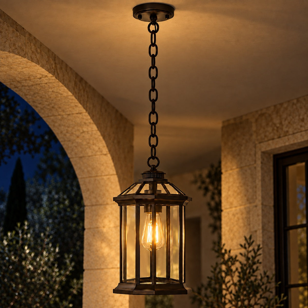 Traditional IP65 Outdoor Pendant Light with Clear Glass – Black Hanging Lantern