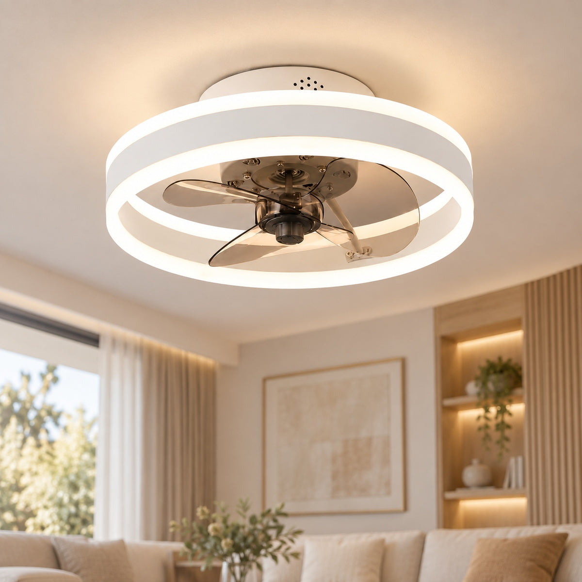 Modern Flush Mount Ceiling Fan with Dimmable LED Light ABS Blades Adjustable Color Temperature