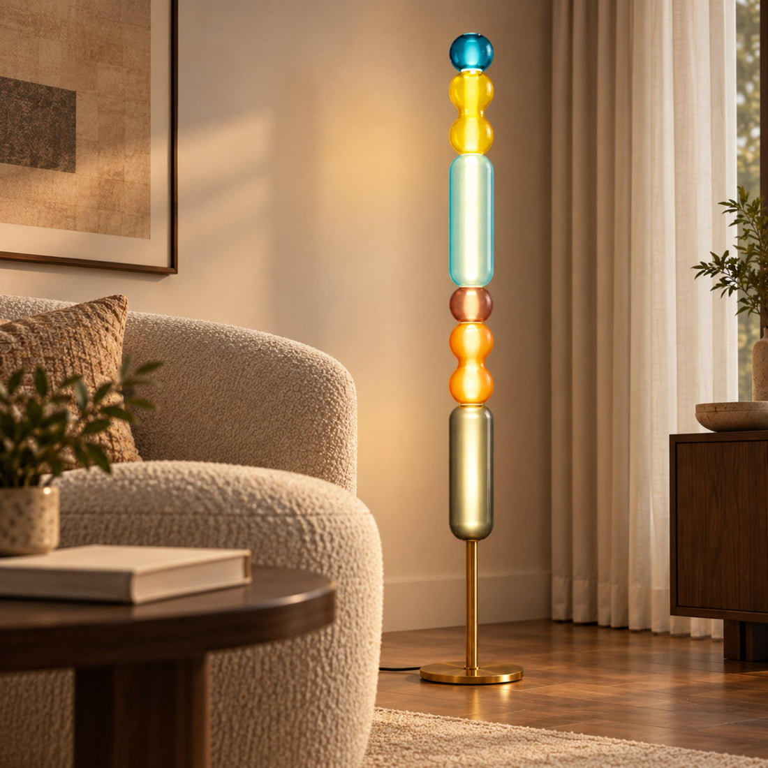 Modern Floor Lamp Adjustable Height Glass Shade Metal Base LED Lighting