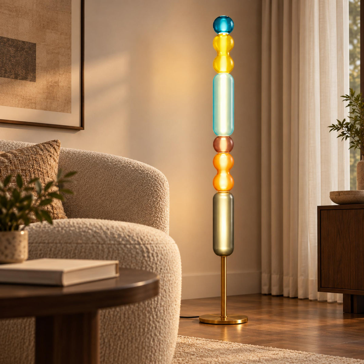 Modern Floor Lamp Adjustable Height Glass Shade Metal Base LED Lighting