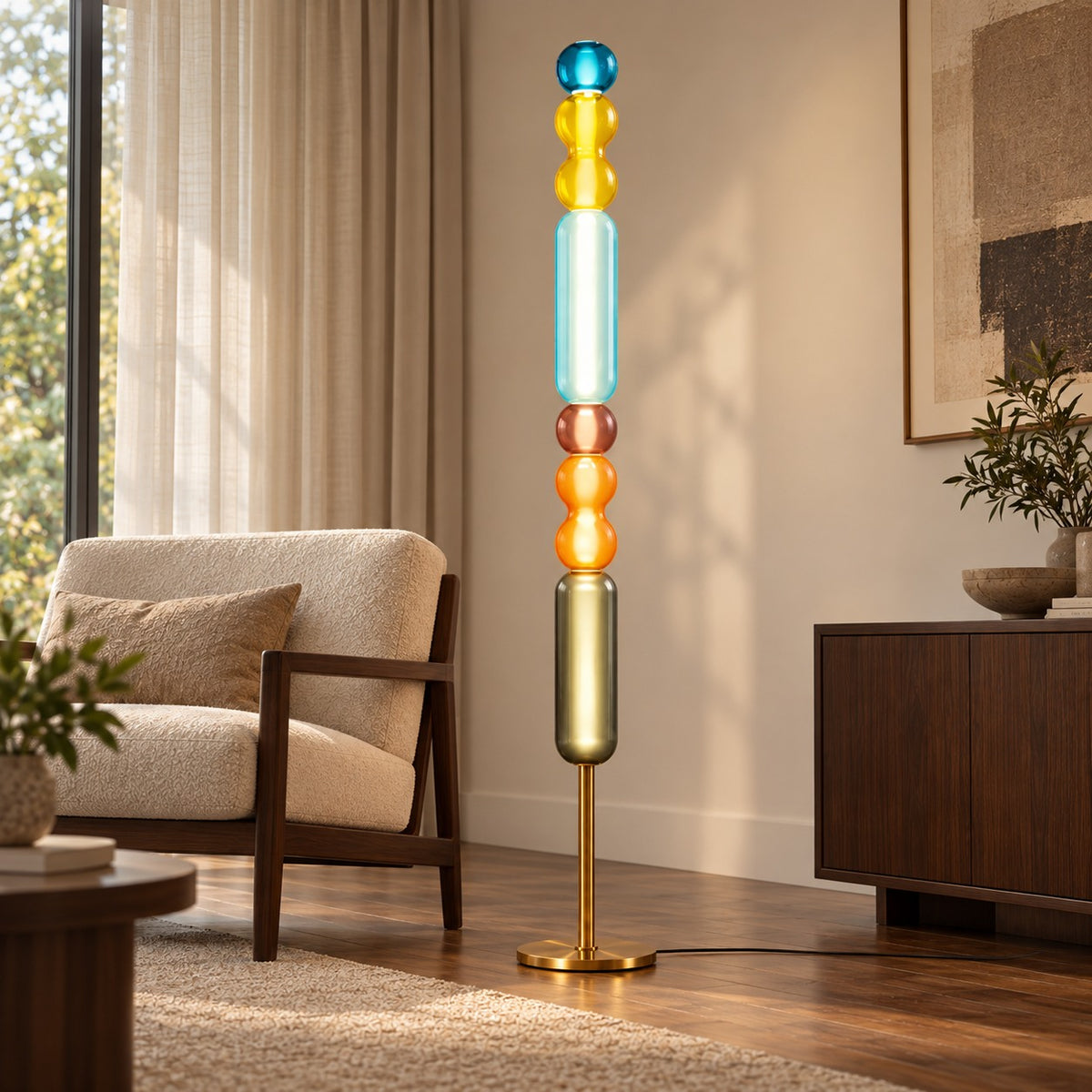 Modern Floor Lamp Adjustable Height Glass Shade Metal Base LED Lighting
