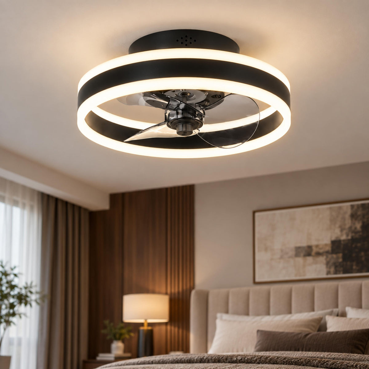 Modern Flush Mount Ceiling Fan with Dimmable LED Light ABS Blades Adjustable Color Temperature