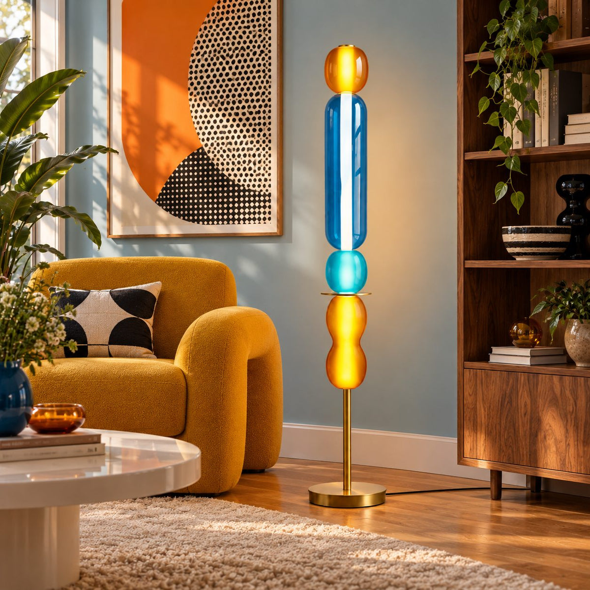 Modern Floor Lamp Adjustable Height Glass Shade Metal Base LED Lighting