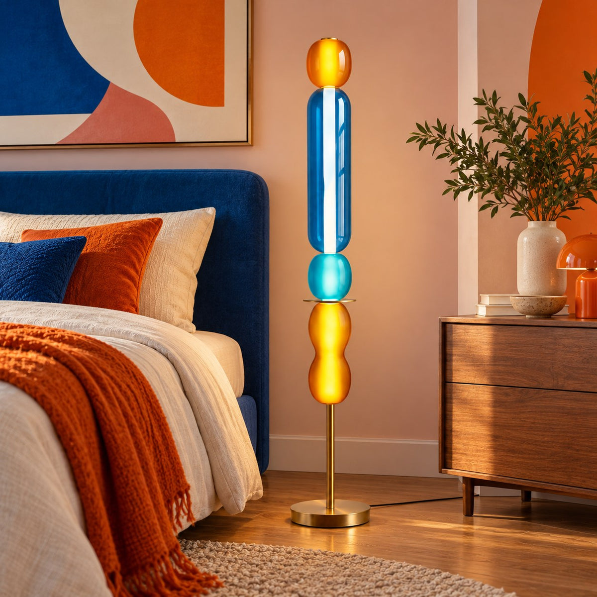 Modern Floor Lamp Adjustable Height Glass Shade Metal Base LED Lighting