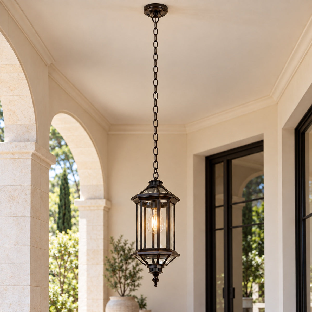Traditional IP65 Outdoor Pendant Light with Clear Glass – Black Hanging Lantern