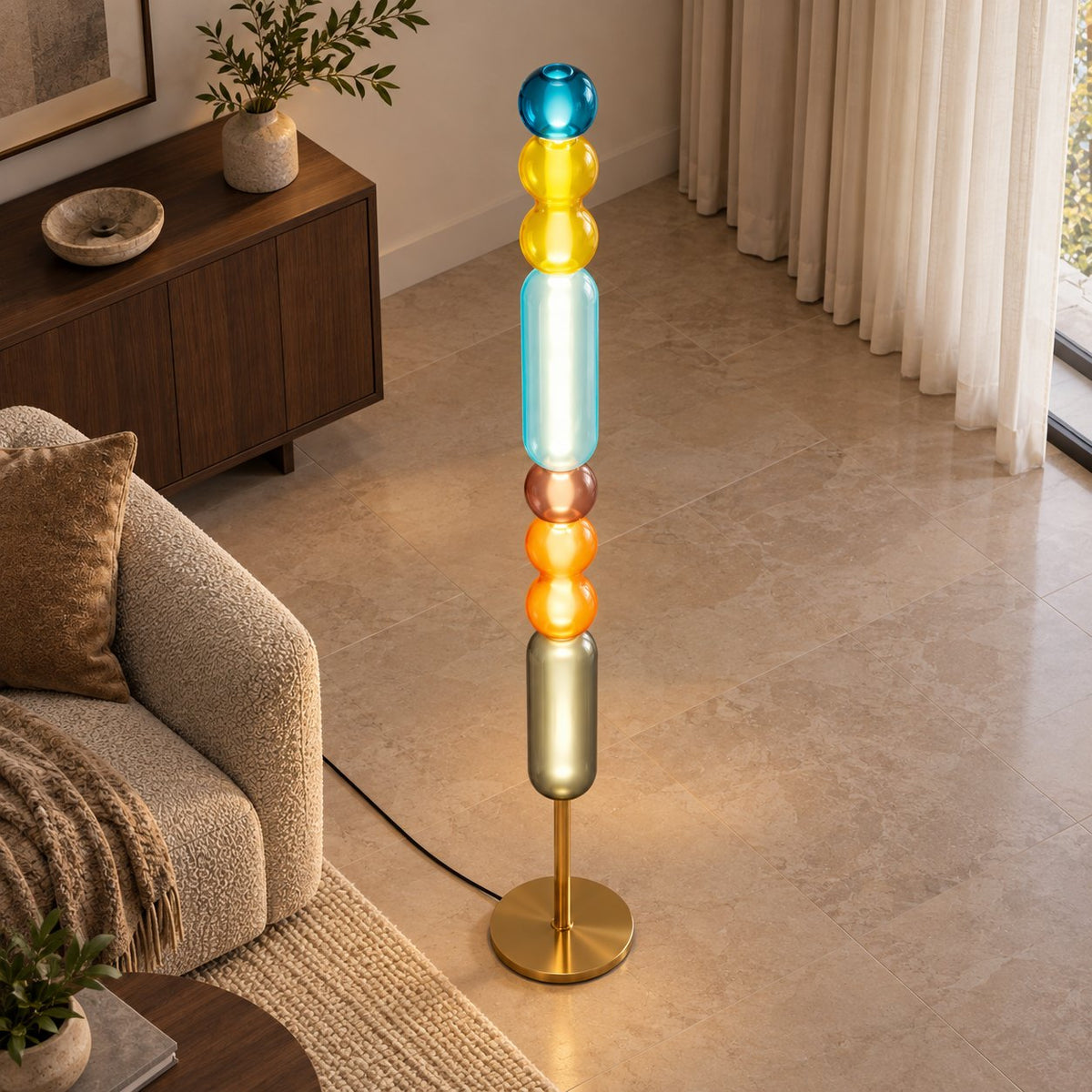 Modern Floor Lamp Adjustable Height Glass Shade Metal Base LED Lighting