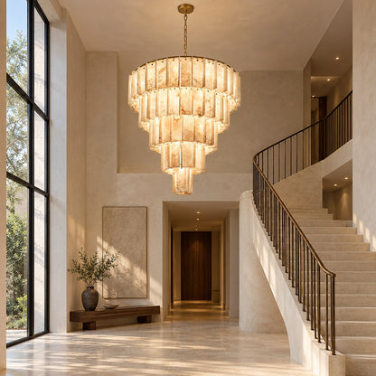 Modern Designer Chandelier Hanging Brass Frame with Alabaster Panels for Soft Ambient Glow
