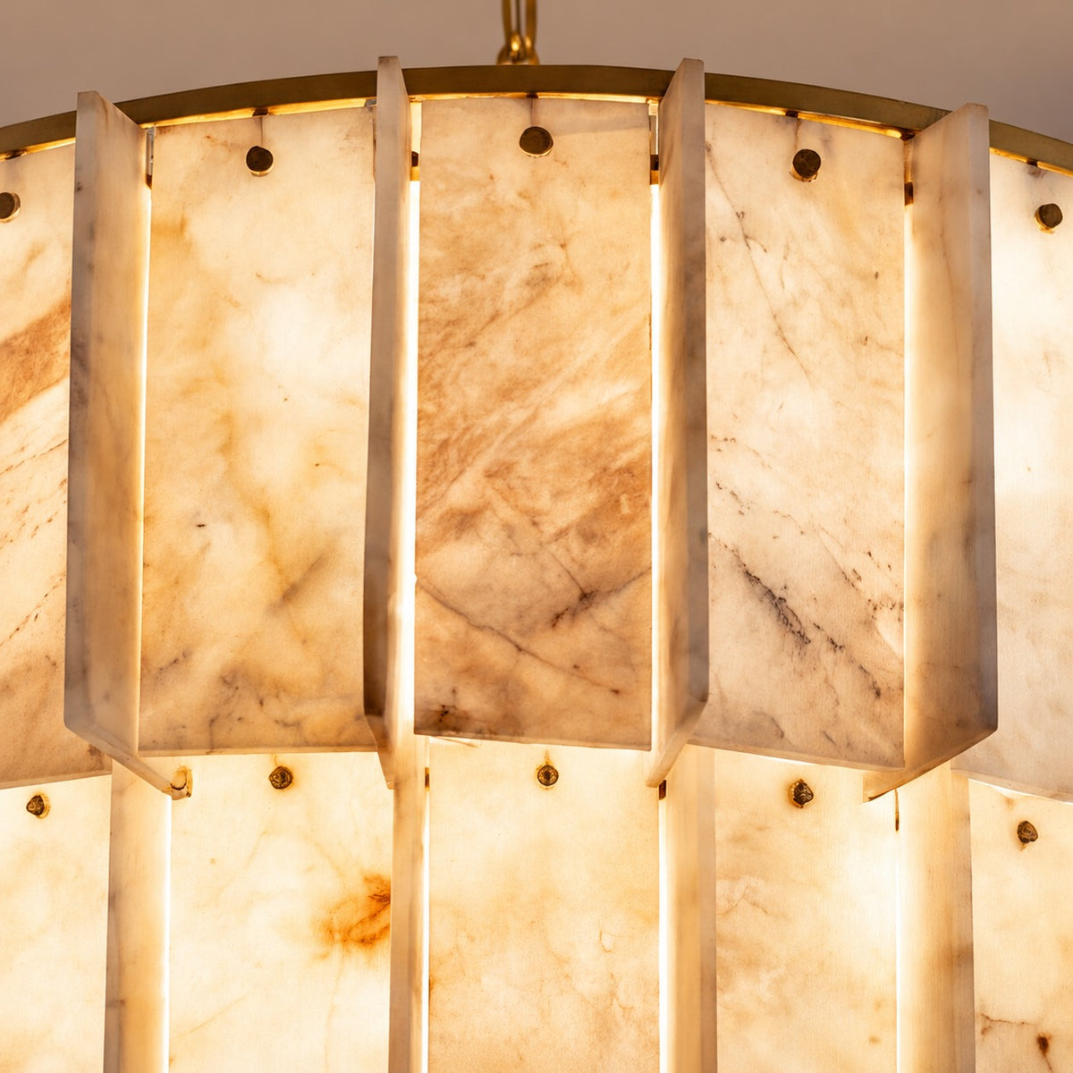 Modern Designer Chandelier Hanging Brass Frame with Alabaster Panels for Soft Ambient Glow