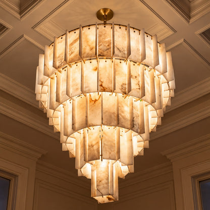 Modern Designer Chandelier Hanging Brass Frame with Alabaster Panels for Soft Ambient Glow