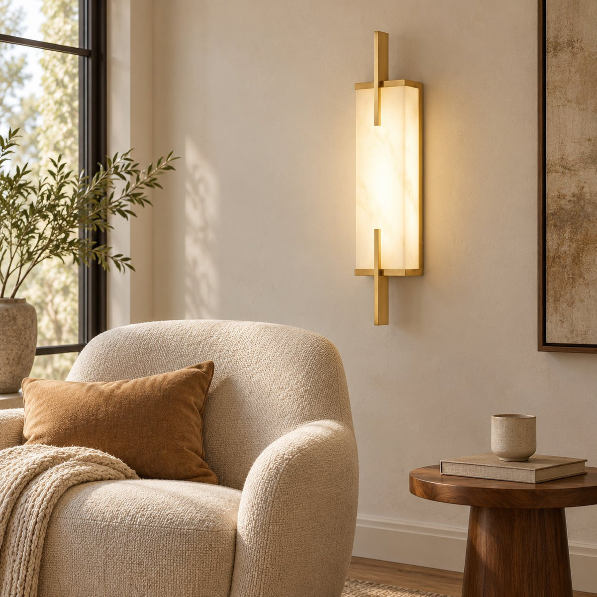 Modern Wall Sconce Wall Mounted Brass and Spanish Alabaster LED Lighting Adjustable Color Temperature