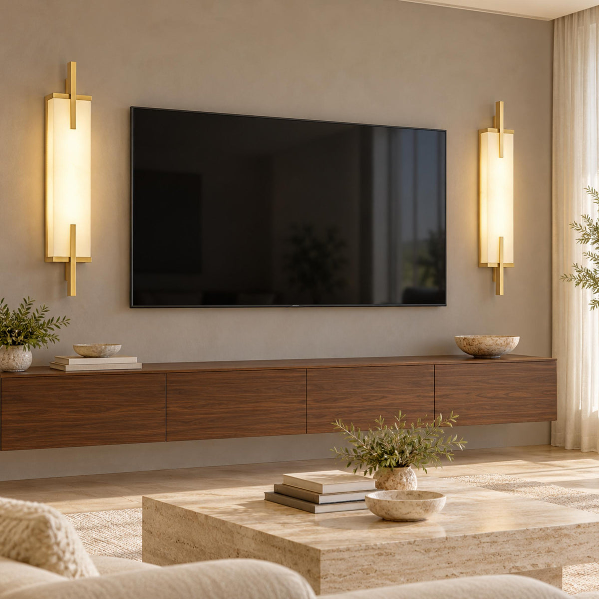 Modern Wall Sconce Wall Mounted Brass and Spanish Alabaster LED Lighting Adjustable Color Temperature