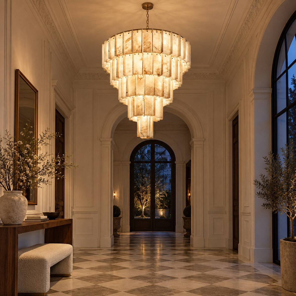 Modern Designer Chandelier Hanging Brass Frame with Alabaster Panels for Soft Ambient Glow