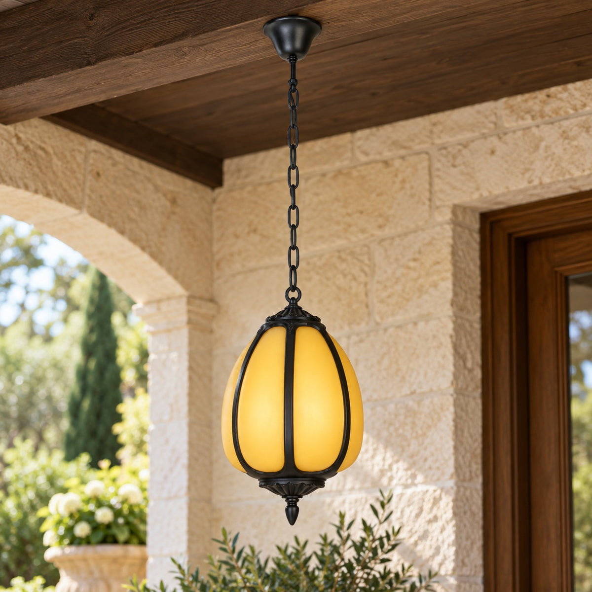 Traditional Outdoor Pendant Light with Faux Alabaster &amp; Black Die-Cast Aluminium Frame