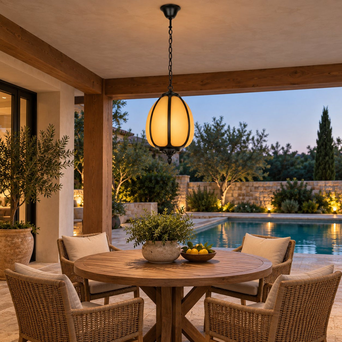 Traditional Outdoor Pendant Light with Faux Alabaster &amp; Black Die-Cast Aluminium Frame