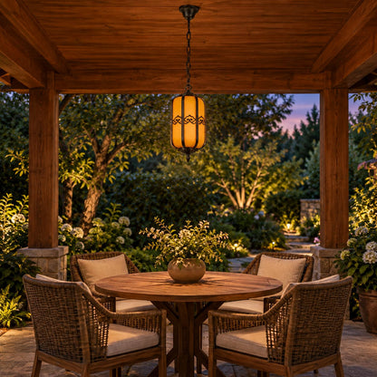 Traditional Outdoor Hanging Light with Faux Alabaster Panels &amp; Sandblasted Black Aluminium Frame