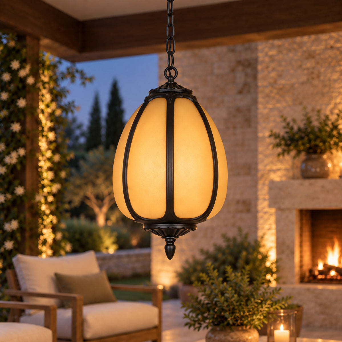 Traditional Outdoor Pendant Light with Faux Alabaster &amp; Black Die-Cast Aluminium Frame