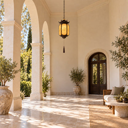 Traditional Pagoda Outdoor Pendant Light with Faux Alabaster Panels &amp; Bronze Gold Aluminium Frame
