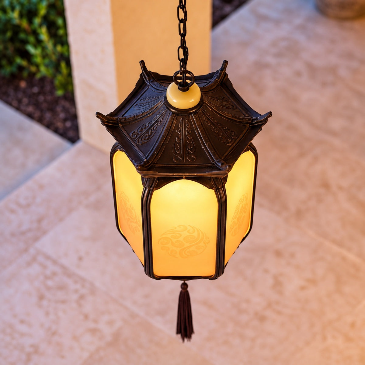 Traditional Pagoda Outdoor Pendant Light with Faux Alabaster Panels &amp; Bronze Gold Aluminium Frame