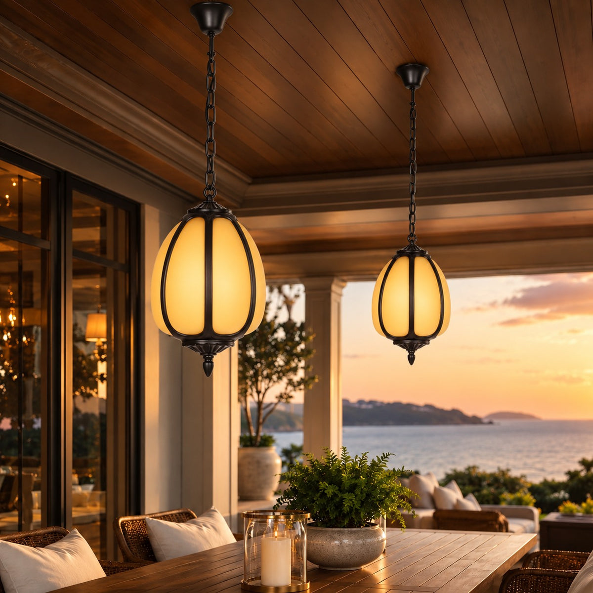 Traditional Outdoor Pendant Light with Faux Alabaster &amp; Black Die-Cast Aluminium Frame