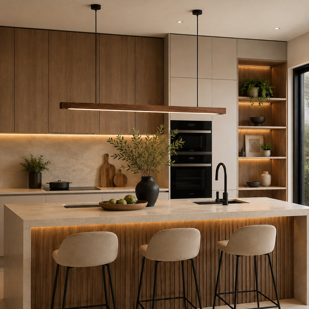 Modern LED Pendant Light Adjustable Hanging Lamp Pine and Black Walnut for Kitchen Island
