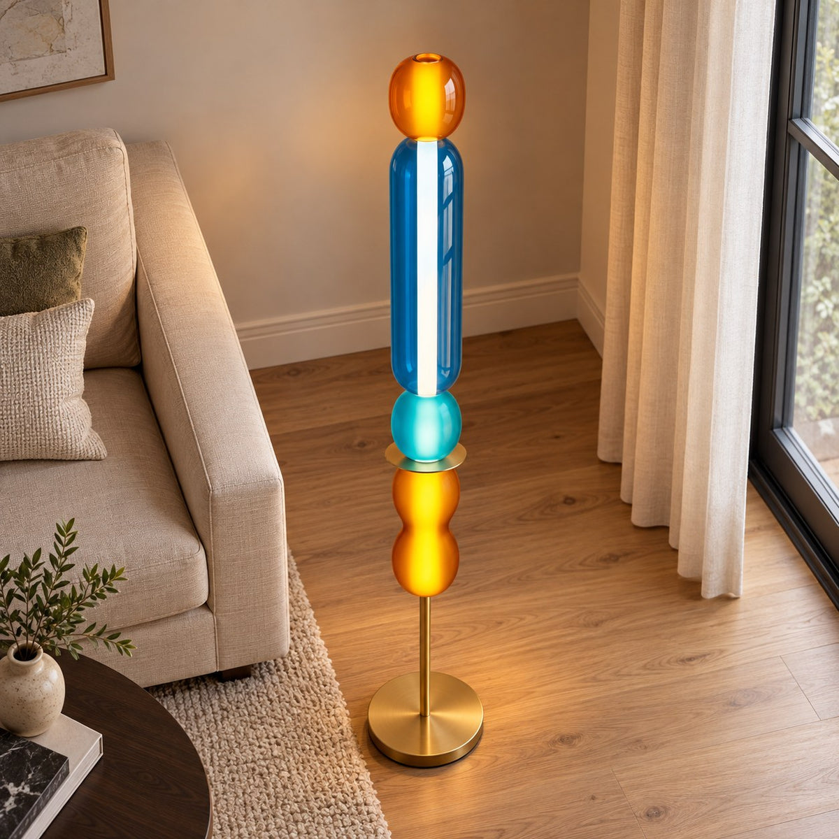 Modern Floor Lamp Adjustable Height Glass Shade Metal Base LED Lighting