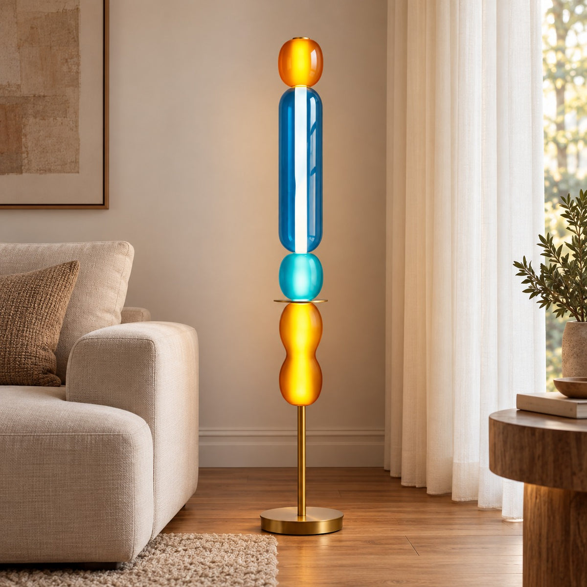 Modern Floor Lamp Adjustable Height Glass Shade Metal Base LED Lighting