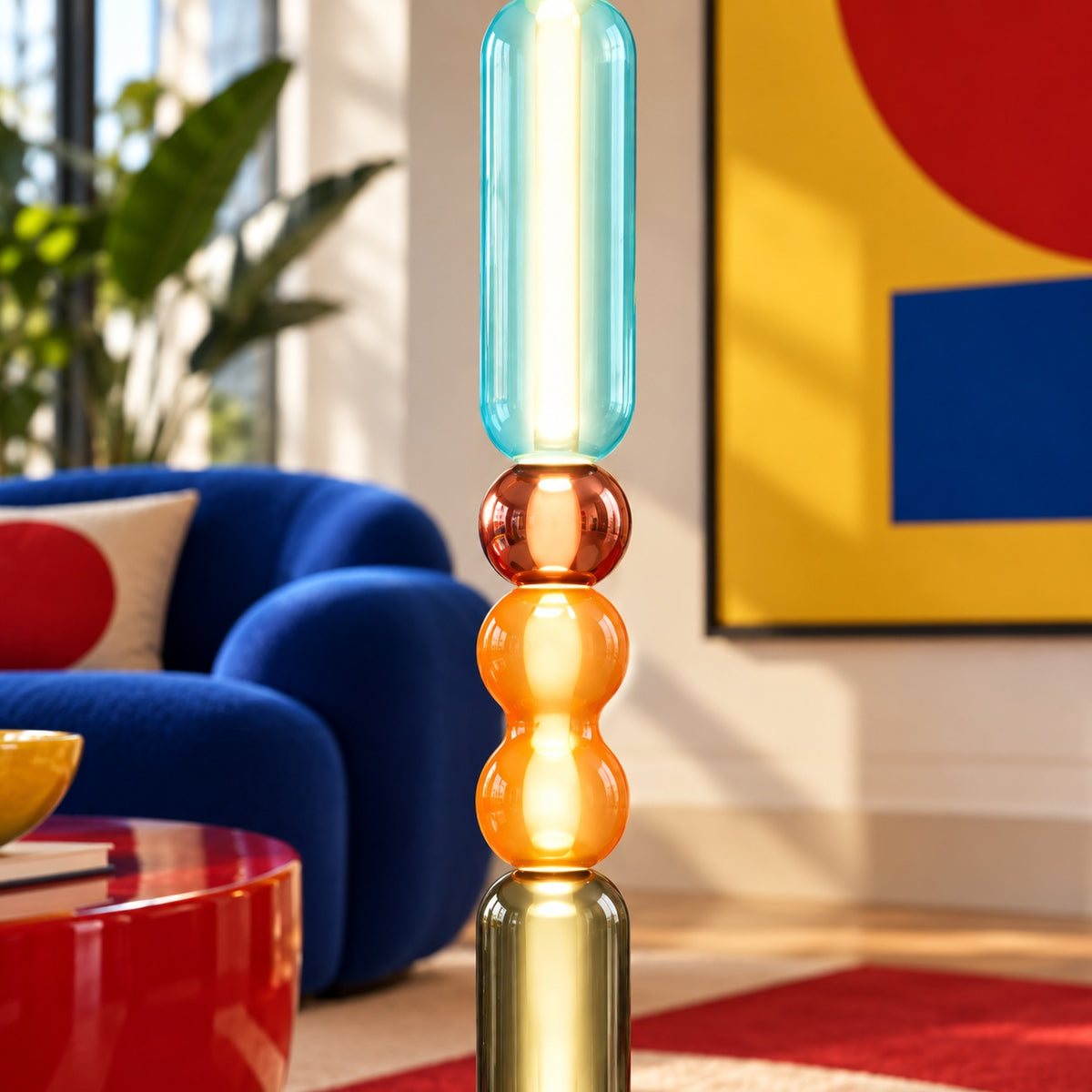 Modern Floor Lamp Adjustable Height Glass Shade Metal Base LED Lighting
