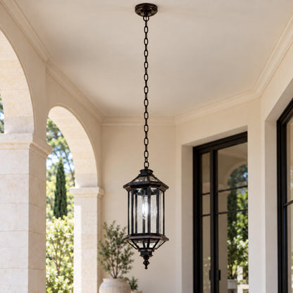 Traditional IP65 Outdoor Pendant Light with Clear Glass – Black Hanging Lantern