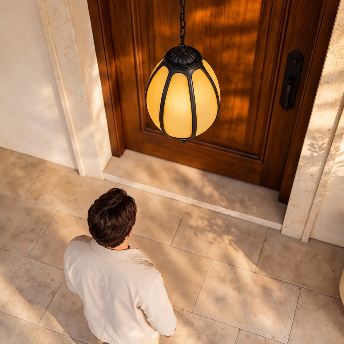 Traditional Outdoor Pendant Light with Faux Alabaster &amp; Black Die-Cast Aluminium Frame