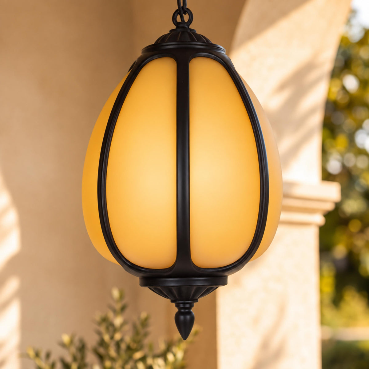 Traditional Outdoor Pendant Light with Faux Alabaster &amp; Black Die-Cast Aluminium Frame