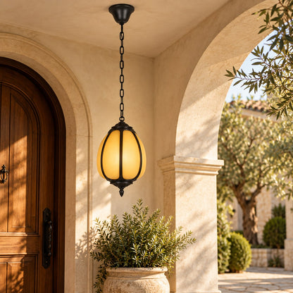 Traditional Outdoor Pendant Light with Faux Alabaster &amp; Black Die-Cast Aluminium Frame