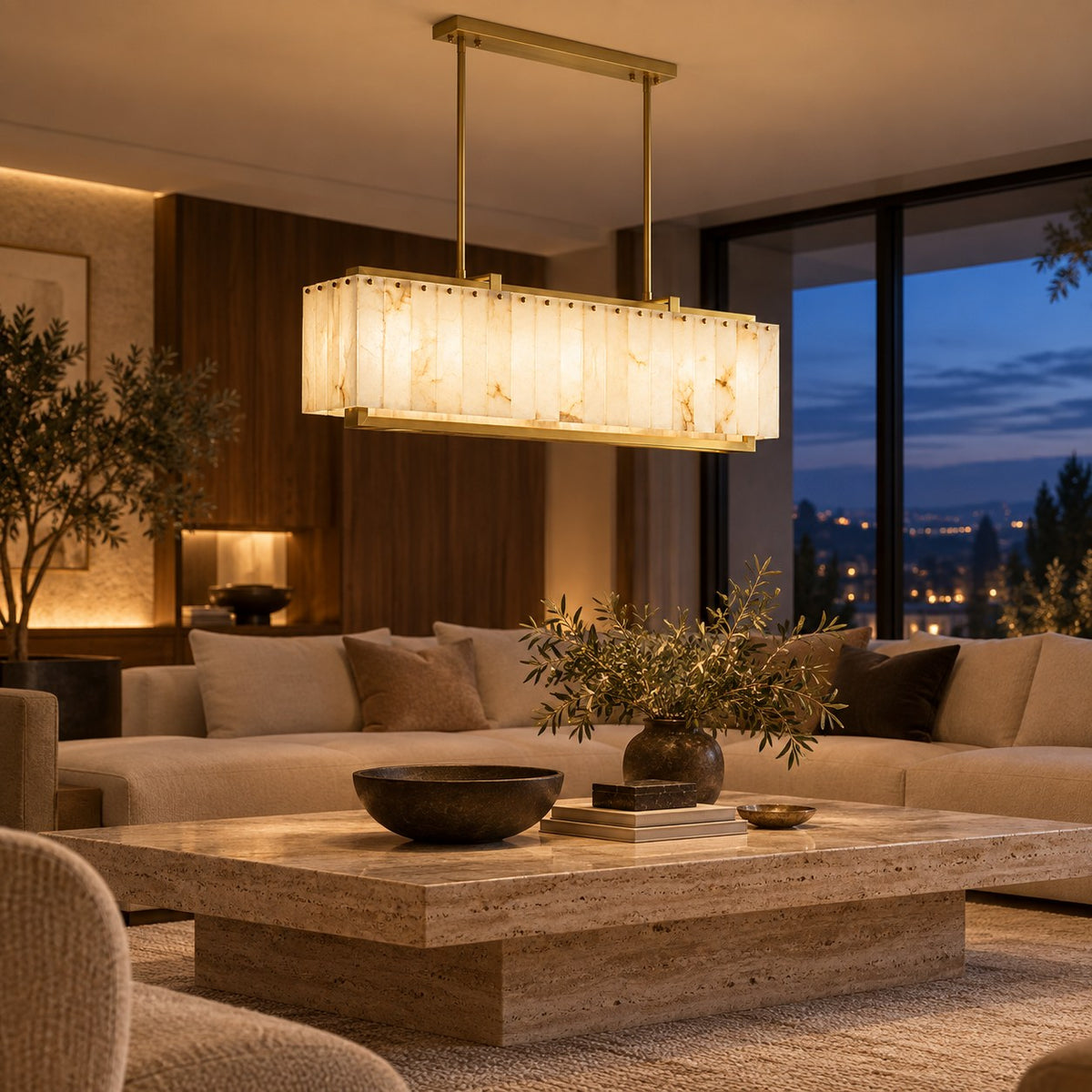 Modern Designer Chandelier Hanging Brass Frame with Alabaster Panels Soft Illumination E12