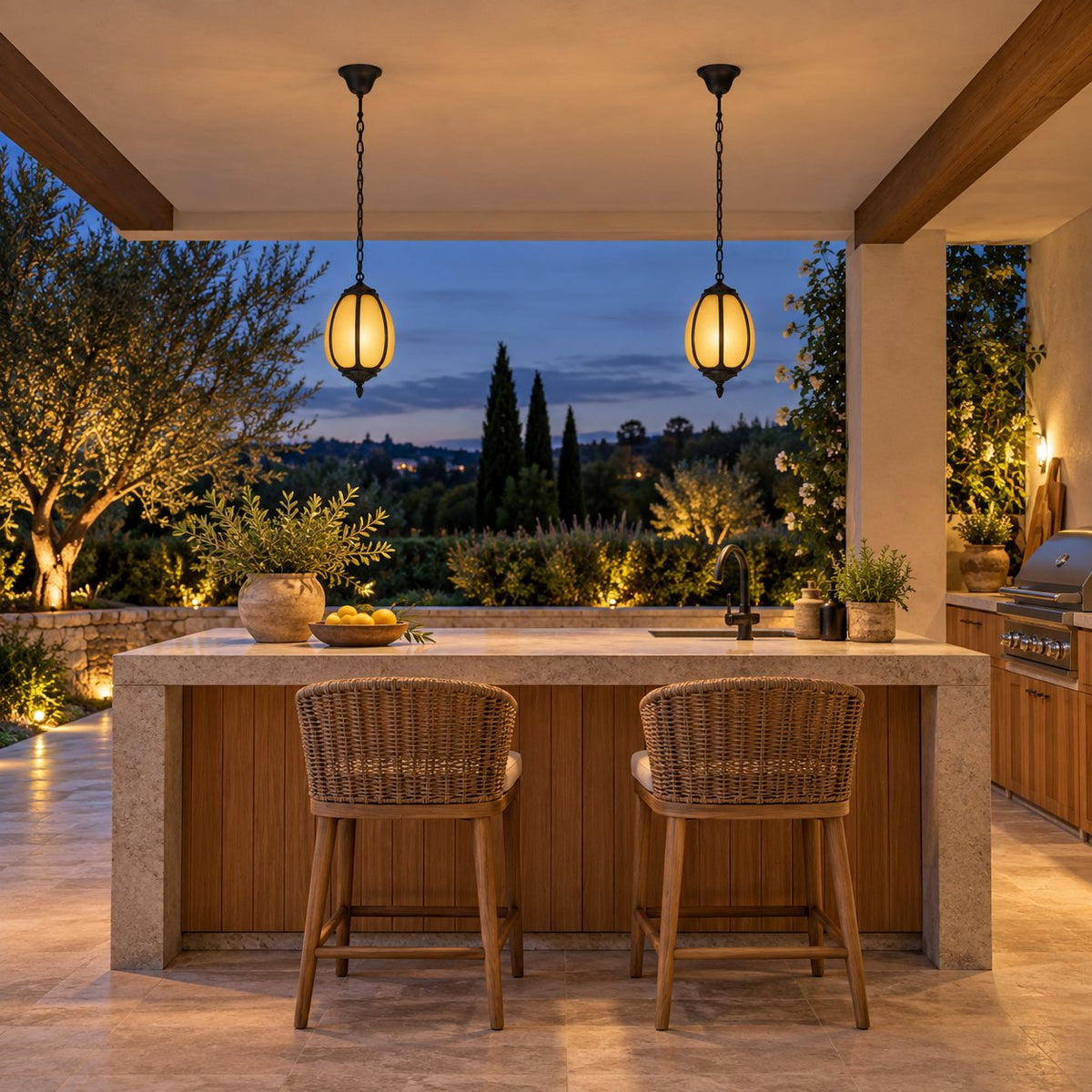 Traditional Outdoor Pendant Light with Faux Alabaster &amp; Black Die-Cast Aluminium Frame