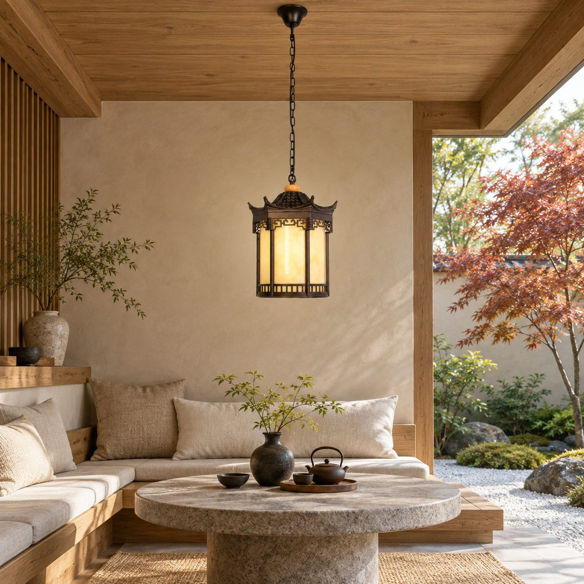 Traditional Pagoda Outdoor Hanging Light with Faux Alabaster &amp; Bronze Gold Aluminium Frame